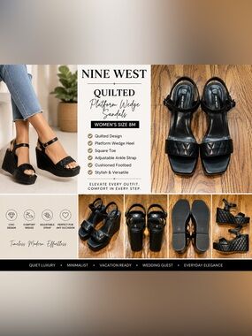 Nine West Black Quilted Platform Wedge Sandals Ankle Strap Women’s Size 8M